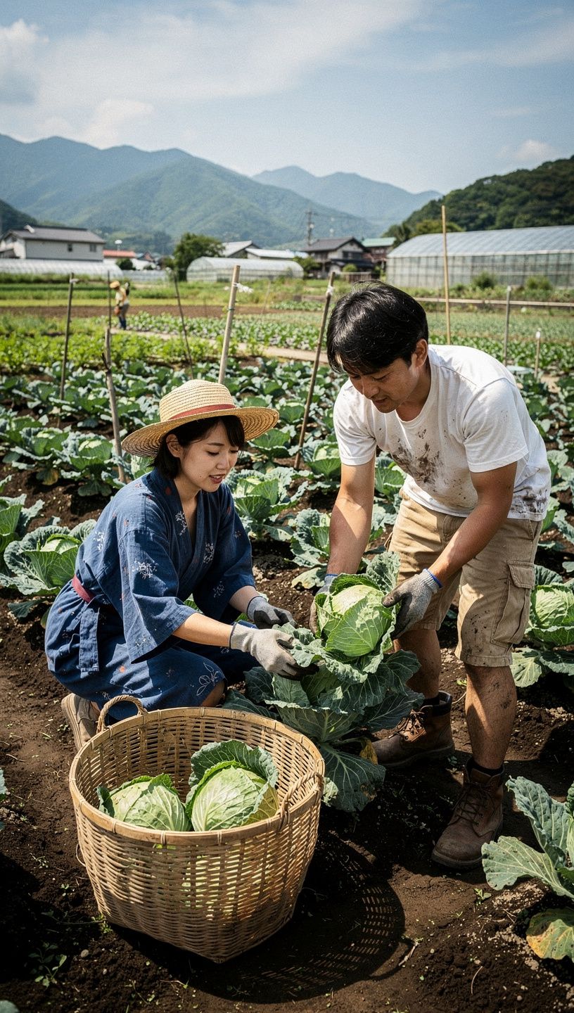成長中の野菜が並ぶ家庭菜園の風景