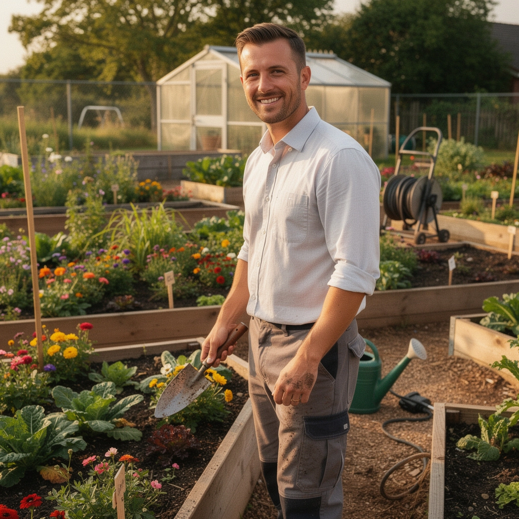 ガーデニング用具が整然と並んだ作業台、手入れの準備が整っています。